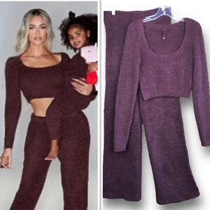 SKIMS Cozy Fuzzy Teddy Set of Pants & Cropped Sweater In Chocolate Brown Size XL
